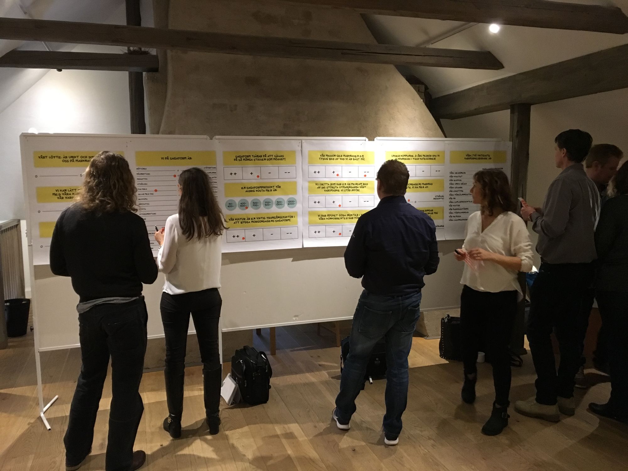 En grupp står vid en vägg full av post-it-lappar under en workshop